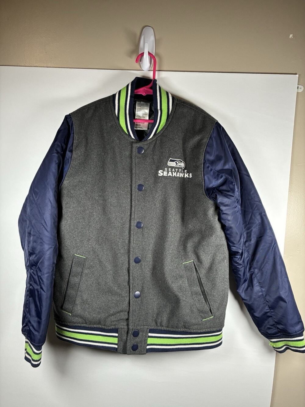 NFL Seattle Seahawks Youth M 10/12 Varsity Bomber Jacket Gray Navy Snap Front